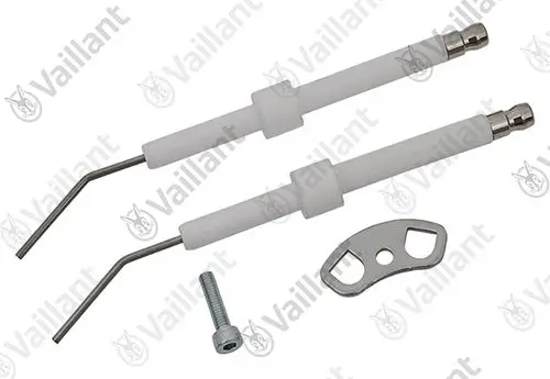 Zwei Vaillant Zündelektroden mit isolierten Griffen, gebogenem Ende, eine Metallplakette und eine Schraube.